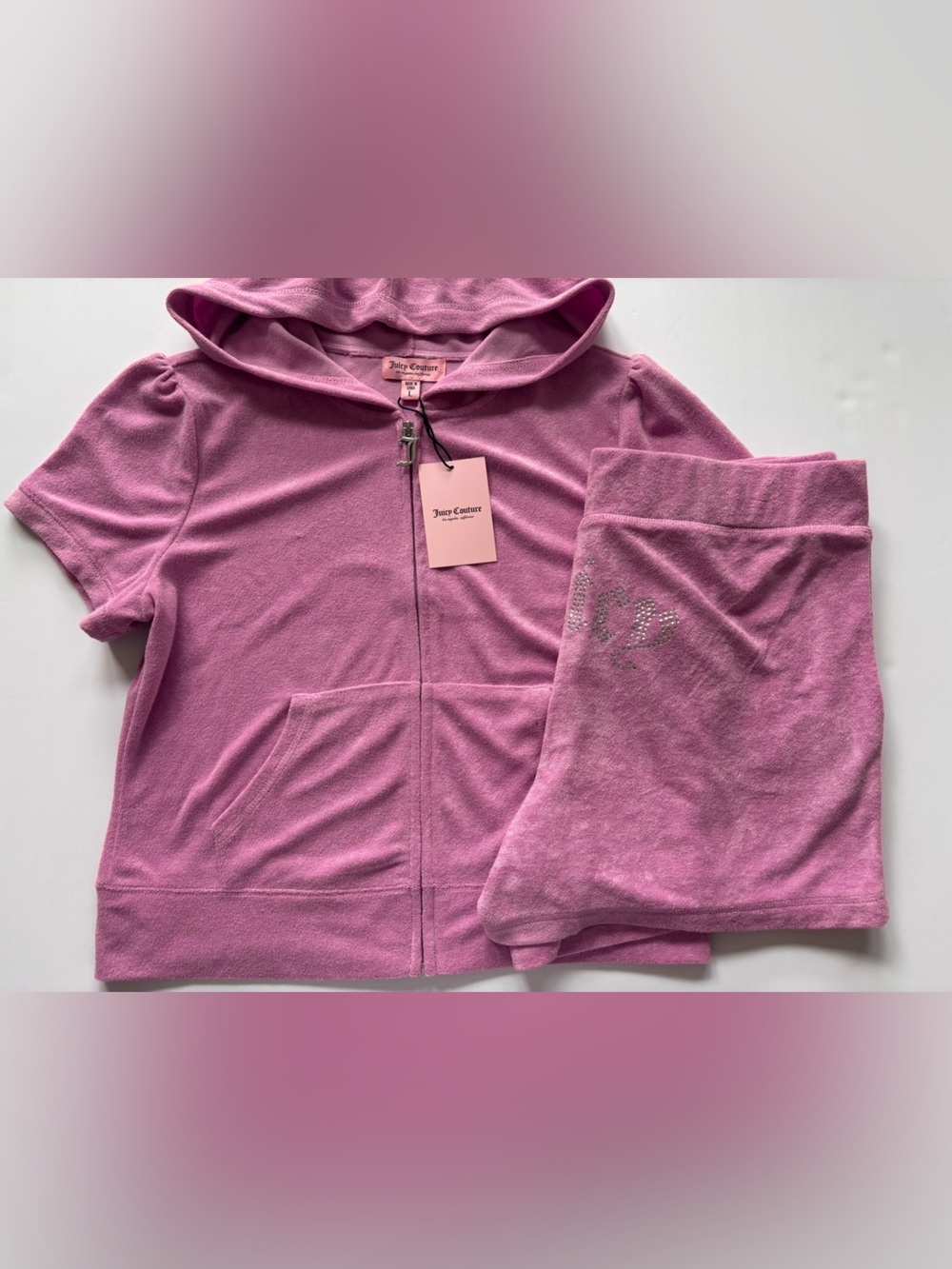 Juicy Couture Dewberry Pink Terry Rhinestone Hoodie Shorts Set NWT L Y2K